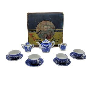 Vintage Blue Willow Porcelain Childrens Doll Tea Party Set Japan Playset Gift